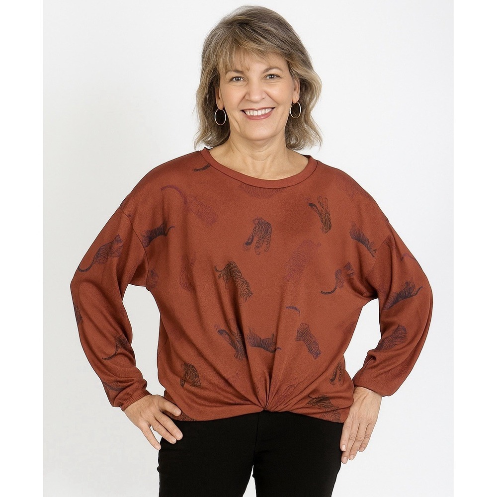 VTG 90' Carole Christian Top Rust Tiger Print Long Sleeve Knot Waist Womens XL